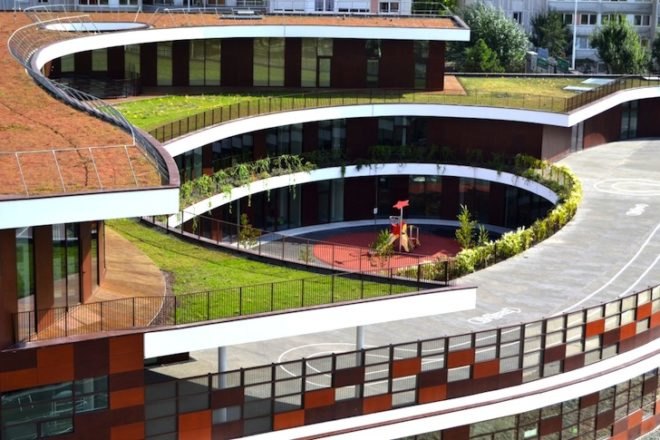 green roof, daylighting, pixelated facade, Mikou Design Studio, Bobigny School in France, sustainable design, eco-design, green design, urban design, education, Bobigny