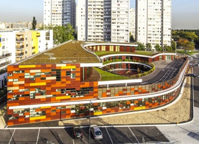 green roof, daylighting, pixelated facade, Mikou Design Studio, Bobigny School in France, sustainable design, eco-design, green design, urban design, education, Bobigny