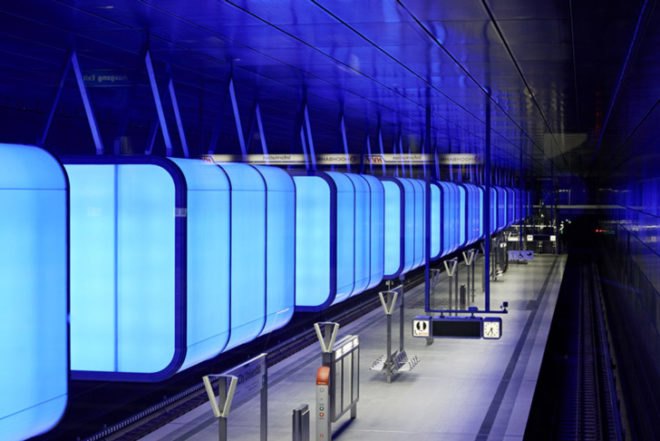 Pfarre Lighting Design, Munich, Hafencity University Subway Station, Germany, Raupach Architekten, LED, Lighting, subway, RGB, colors, shipping containers