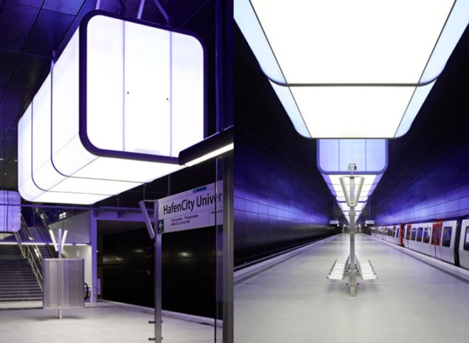 Pfarre Lighting Design, Munich, Hafencity University Subway Station, Germany, Raupach Architekten, LED, Lighting, subway, RGB, colors, shipping containers