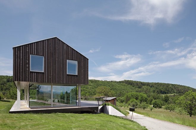 green design, eco design, sustainable design, HHF Architects, House D, basel Switzerland, glass curtains, submerged home, timber home, open plan home