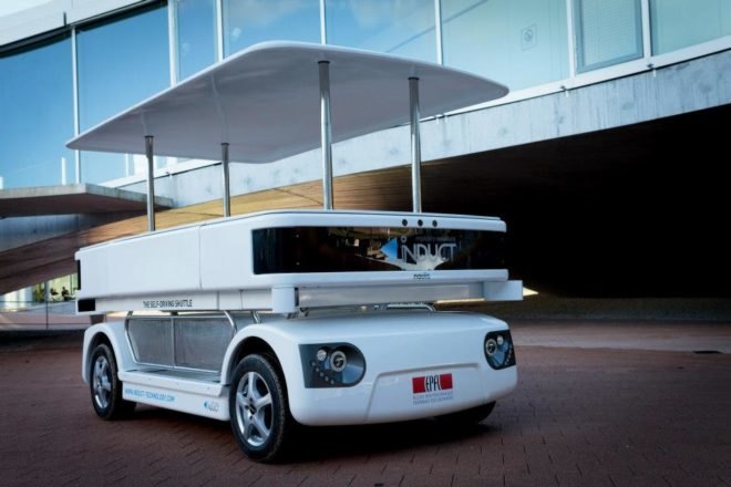 Induct, Navia, electric shuttle, electric vehicle, driverless vehicle, wireless charging, autonomous vehicle, pedestrians, urban areas, transportation, mobility