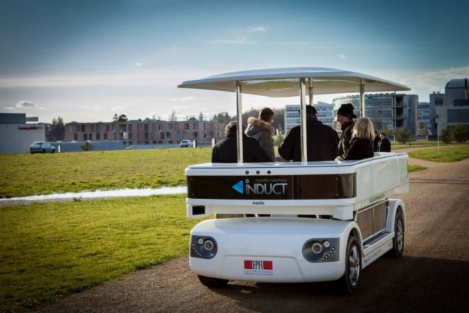 Induct, Navia, electric shuttle, wireless charging, electric vehicle, driverless vehicle, autonomous vehicle, pedestrians, urban areas, transportation, mobility