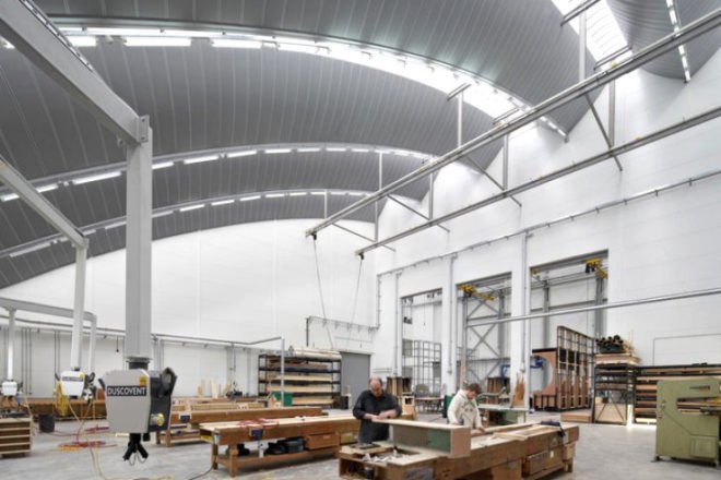 Royal Opera House Workshop, Nicholas Hare Architects, thurrock workshop, royal opera house, green roof, sedum roof, daylighting