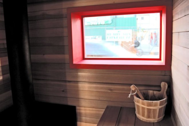 Sauna Box, Castor Design, shipping container sauna, sauna, self-sufficient, solar power, wood-fired sauna