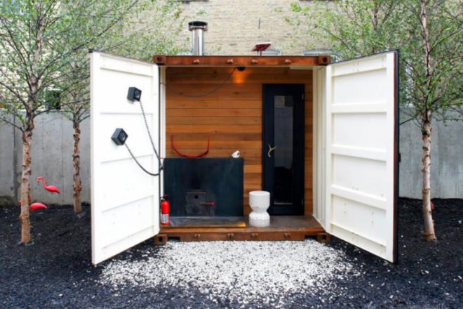 Sauna Box, Castor Design, shipping container sauna, sauna, self-sufficient, solar power, wood-fired sauna