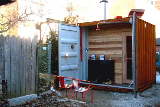 Sauna Box, Castor Design, shipping container sauna, sauna, self-sufficient, solar power, wood-fired sauna