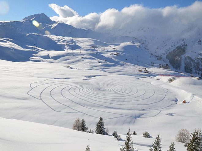 green design, eco design, sustainable design, snow installation, SImon Beck, snow pattern, snow art, snow crop circles, Les Arc Ski lodge