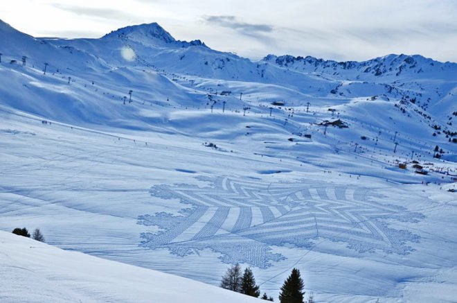 green design, eco design, sustainable design, snow installation, SImon Beck, snow pattern, snow art, snow crop circles, Les Arc Ski lodge