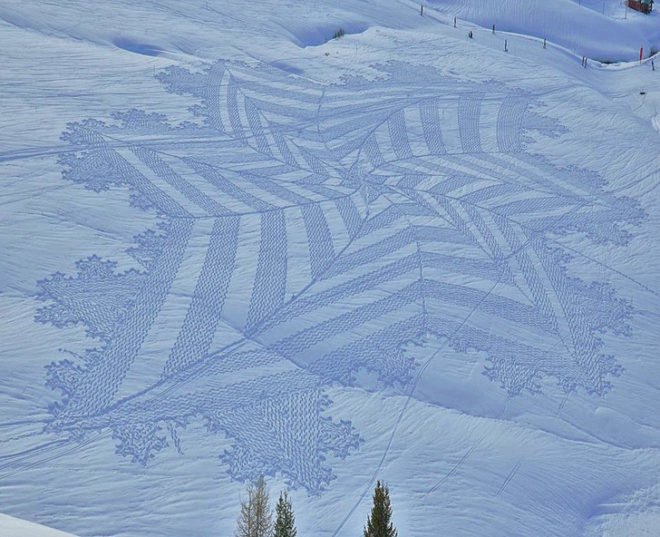 green design, eco design, sustainable design, snow installation, SImon Beck, snow pattern, snow art, snow crop circles, Les Arc Ski lodge