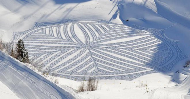 green design, eco design, sustainable design, snow installation, SImon Beck, snow pattern, snow art, snow crop circles, Les Arc Ski lodge