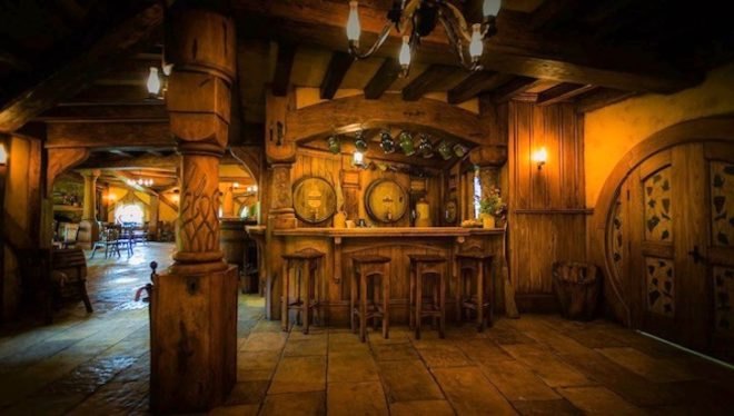 Green Dragon Pub, hobbit houses, hobbits, Lord of the Rings, Peter Jackson, New Zealand, North Island, trilogy, Hobbiton, sustainable design, timber furnishings, thatched roof