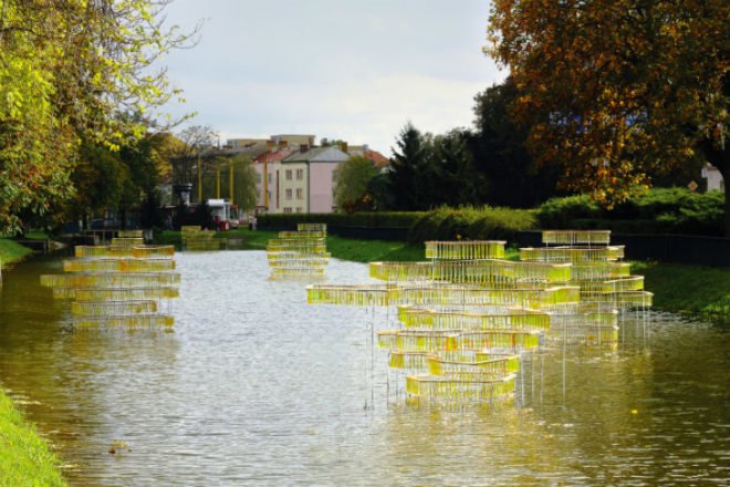 Water Carrier, Elise Morin, reclaimed test tubes, eco art, slovakia, water issues, art installation