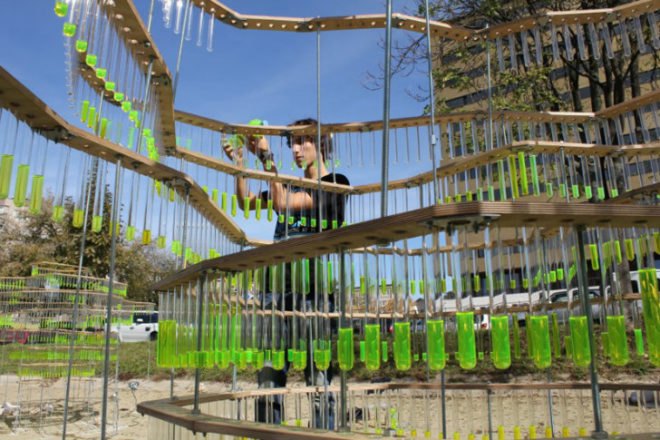 Water Carrier, Elise Morin, reclaimed test tubes, eco art, slovakia, water issues, art installation