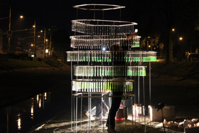 Water Carrier, Elise Morin, reclaimed test tubes, eco art, slovakia, water issues, art installation
