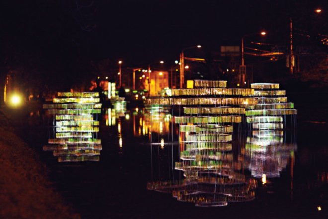 Water Carrier, Elise Morin, reclaimed test tubes, eco art, slovakia, water issues, art installation