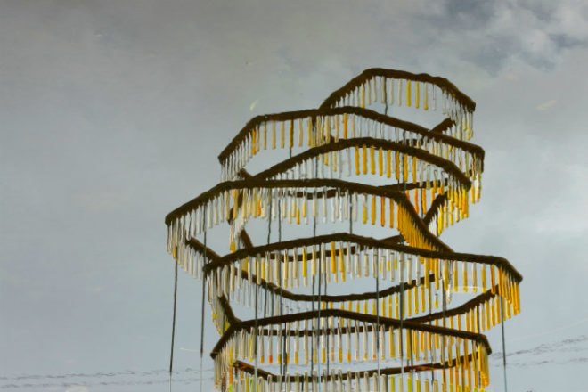 Water Carrier, Elise Morin, reclaimed test tubes, eco art, slovakia, water issues, art installation