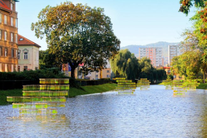 Water Carrier, Elise Morin, reclaimed test tubes, eco art, slovakia, water issues, art installation