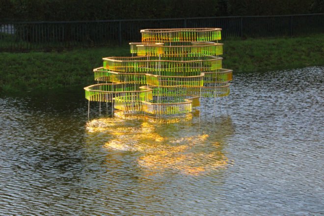 Water Carrier, Elise Morin, reclaimed test tubes, eco art, slovakia, water issues, art installation