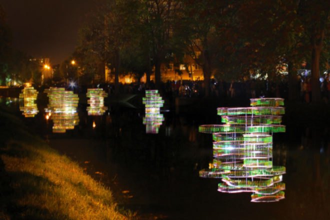 Water Carrier, Elise Morin, reclaimed test tubes, eco art, slovakia, water issues, art installation