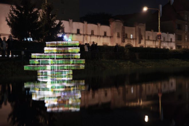 Water Carrier, Elise Morin, reclaimed test tubes, eco art, slovakia, water issues, art installation