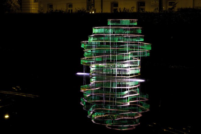 Water Carrier, Elise Morin, reclaimed test tubes, eco art, slovakia, water issues, art installation