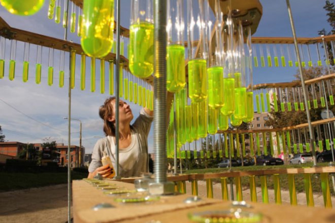 Water Carrier, Elise Morin, reclaimed test tubes, eco art, slovakia, water issues, art installation