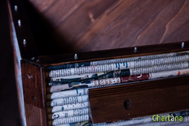 salvaged materials, newspaper, recycled furniture, repurposed materials, chartana table