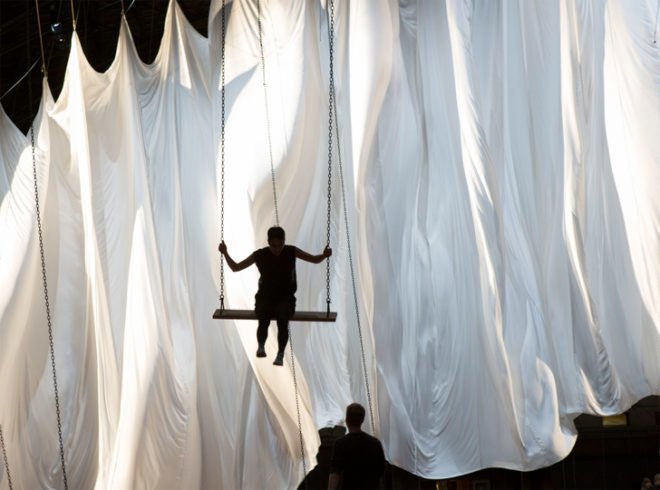 green design, eco design, sustainable design, Ann Hamilton, The event of the thread, Park Avenue Armory, interactive art installations NYC, swing art installation, Aristotle, trained pigeons