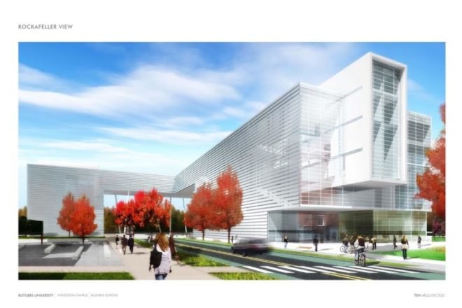 $85million livingston campus redevelopment, student housing, conference center, hotel, our rutgers our future, passive solar design, daylighting, low water-use plumbing fixtures, solar farm on livingston campus, business library, executive education center, global financial center, rutgers univeristy business school, livingston campus, piscataway new jersey, TEN Arquitectos, five academic departments and research centers,