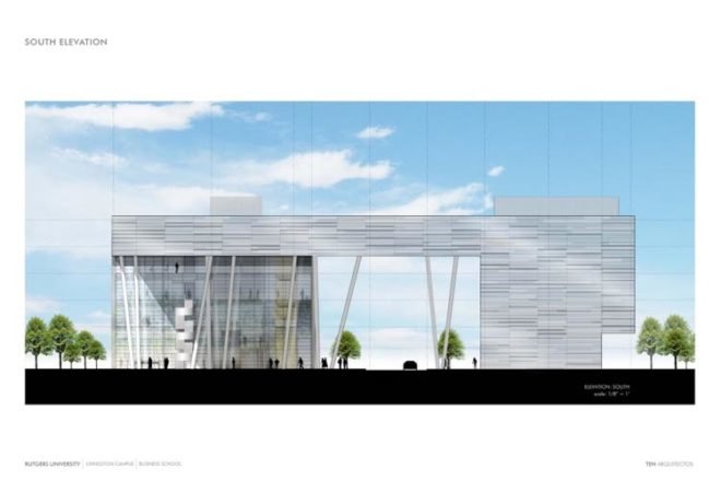 $85million livingston campus redevelopment, student housing, conference center, hotel, our rutgers our future, passive solar design, daylighting, low water-use plumbing fixtures, solar farm on livingston campus, business library, executive education center, global financial center, rutgers univeristy business school, livingston campus, piscataway new jersey, TEN Arquitectos, five academic departments and research centers,