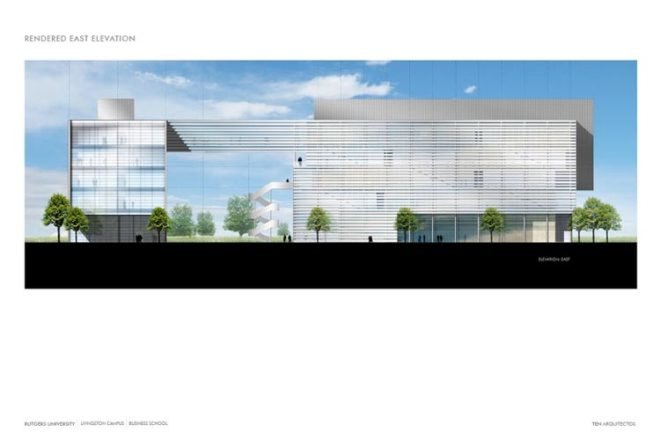 $85million livingston campus redevelopment, student housing, conference center, hotel, our rutgers our future, passive solar design, daylighting, low water-use plumbing fixtures, solar farm on livingston campus, business library, executive education center, global financial center, rutgers univeristy business school, livingston campus, piscataway new jersey, TEN Arquitectos, five academic departments and research centers,