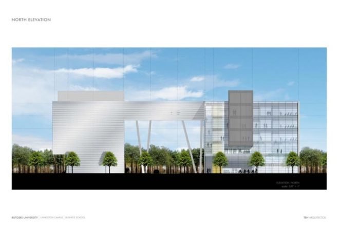 $85million livingston campus redevelopment, student housing, conference center, hotel, our rutgers our future, passive solar design, daylighting, low water-use plumbing fixtures, solar farm on livingston campus, business library, executive education center, global financial center, rutgers univeristy business school, livingston campus, piscataway new jersey, TEN Arquitectos, five academic departments and research centers,