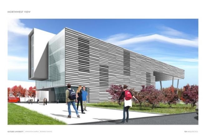 $85million livingston campus redevelopment, student housing, conference center, hotel, our rutgers our future, passive solar design, daylighting, low water-use plumbing fixtures, solar farm on livingston campus, business library, executive education center, global financial center, rutgers univeristy business school, livingston campus, piscataway new jersey, TEN Arquitectos, five academic departments and research centers,