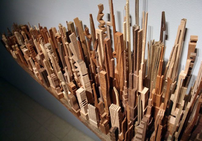 James McNabb, City Series, scrap wood, reclaimed wood, art exhibit, cityscapes, woodworking, carpentry, craftsman