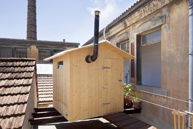 Bureau A, sauna, Geneva, Swiss design, Jeremie Gindre , factory roof, wooden shelter, shed, Architecture, Zero energy