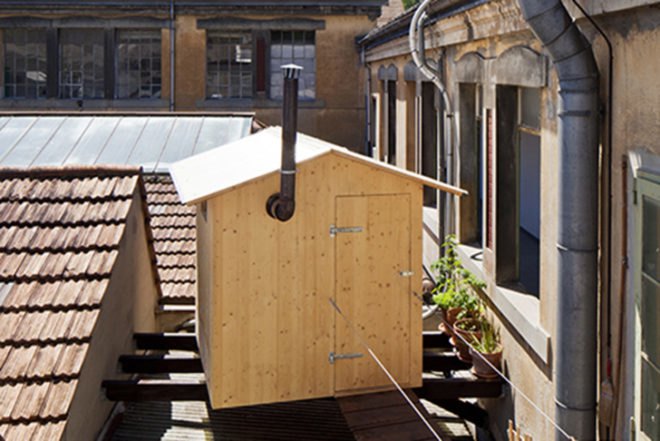 Bureau A, sauna, Geneva, Swiss design, Jeremie Gindre , factory roof, wooden shelter, shed, Architecture, Zero energy