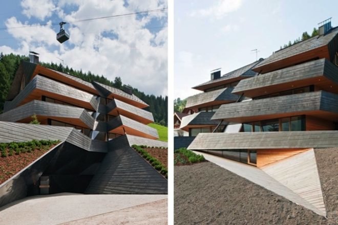 Larch, copper, pre-oxidized copper, vernacular, planning regulations, mountain homes, luxurious mountain getaway, Italy, Dolomite Mountains, Dolomitenblick, PLASMA Studio, green design, sustainable design, eco-design, daylighting, solar gain