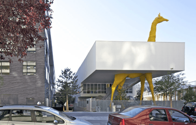 Giraffe Childcare Center, Hondelatte Laporte Architectes, Paris, suburbs, art, sculpture, net zero, energy efficiency, south facing, green design, design for health, sustainable design, eco-design, Boulogne-Billancourt, giant yellow giraffe