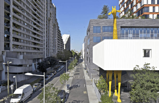 Giraffe Childcare Center, Hondelatte Laporte Architectes, Paris, suburbs, art, sculpture, net zero, energy efficiency, south facing, green design, design for health, sustainable design, eco-design, Boulogne-Billancourt, giant yellow giraffe