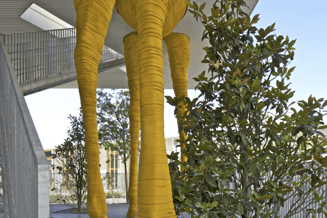 Giraffe Childcare Center, Hondelatte Laporte Architectes, Paris, suburbs, art, sculpture, net zero, energy efficiency, south facing, green design, design for health, sustainable design, eco-design, Boulogne-Billancourt, giant yellow giraffe