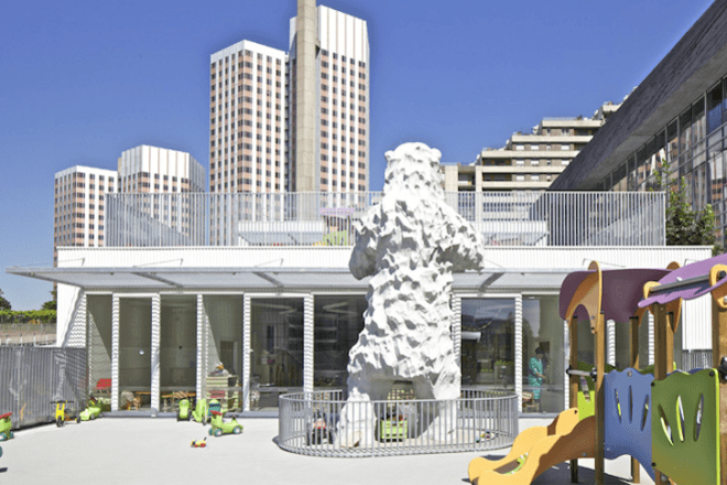 Giraffe Childcare Center, Hondelatte Laporte Architectes, Paris, suburbs, art, sculpture, net zero, energy efficiency, south facing, green design, design for health, sustainable design, eco-design, Boulogne-Billancourt, giant yellow giraffe