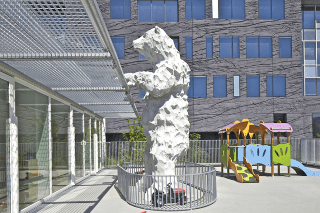 Giraffe Childcare Center, Hondelatte Laporte Architectes, Paris, suburbs, art, sculpture, net zero, energy efficiency, south facing, green design, design for health, sustainable design, eco-design, Boulogne-Billancourt, giant yellow giraffe
