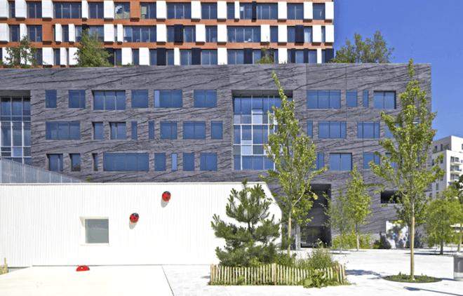 Giraffe Childcare Center, Hondelatte Laporte Architectes, Paris, suburbs, art, sculpture, net zero, energy efficiency, south facing, green design, design for health, sustainable design, eco-design, Boulogne-Billancourt, giant yellow giraffe