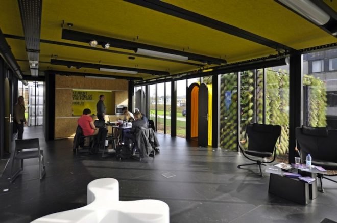 Belgium, HUB01, vertical garden, solar cladding, solar energy, solar panels, wind turbine, green design, modular student housing, Katho Catholic Academy, A3 Architects, dmvA Architecten, student housing covered in plants