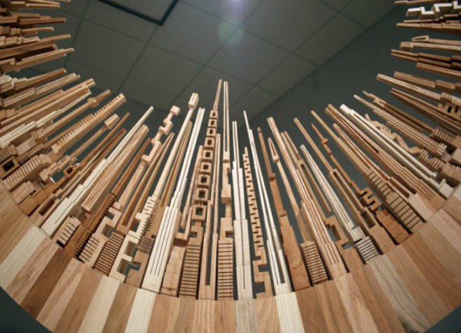 James McNabb, City Series, scrap wood, reclaimed wood, art exhibit, cityscapes, woodworking, carpentry, craftsman