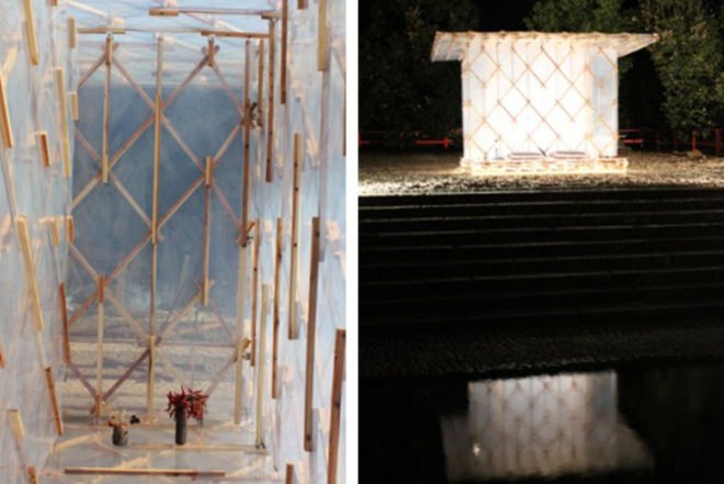 Kengo Kumas, kyoto, Kamo no Chomei, transparent shelter, temporary architecture, Japanese cedar, ETFE plastic, magnets, Architecture, Art, Daylighting,