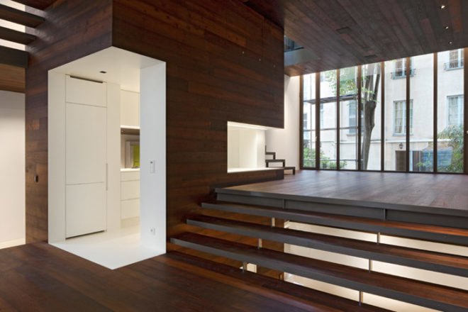 Paris, Maison Escalier, steel, concrete, stairway, Jacques Moussafir, Moussafir Architectes, black locust wood, electronic shutters, daylighting, France