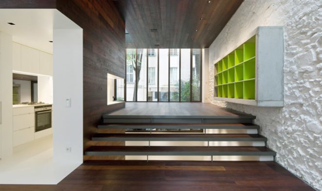 Paris, Maison Escalier, steel, concrete, stairway, Jacques Moussafir, Moussafir Architectes, black locust wood, electronic shutters, daylighting, France