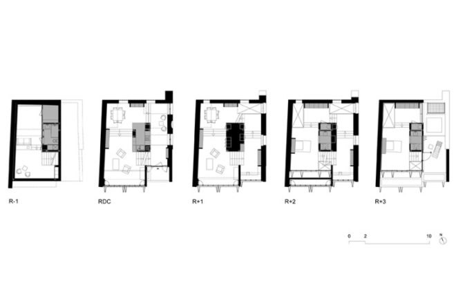 Paris, Maison Escalier, steel, concrete, stairway, Jacques Moussafir, Moussafir Architectes, black locust wood, electronic shutters, daylighting, France